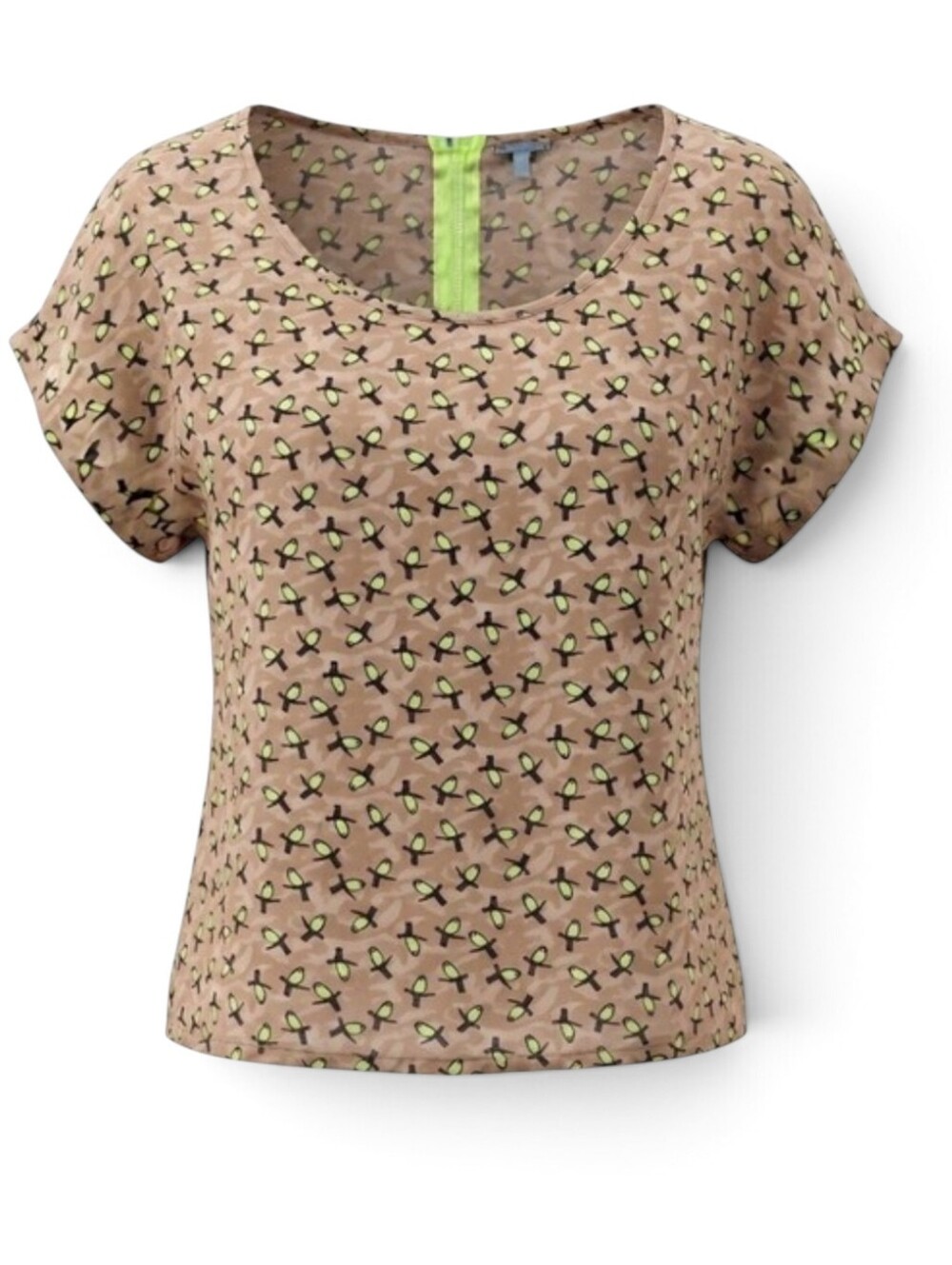 Pink Bird Top by Charlotte Russe - Scoop Neck Partially Sheer Zip Back Medium